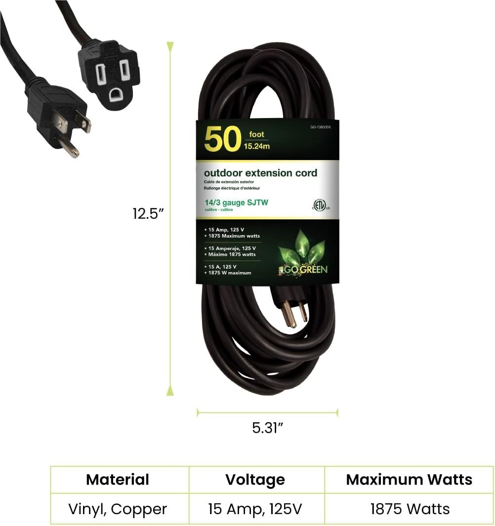Go Green 50ft Heavy Duty Outdoor Extension Cord – Moisture Resistant Power