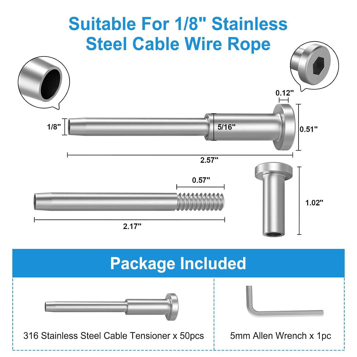 50Pack 1/8″ Invisible Cable Railing Kit, T316 Stainless Steel Invisible Receiver