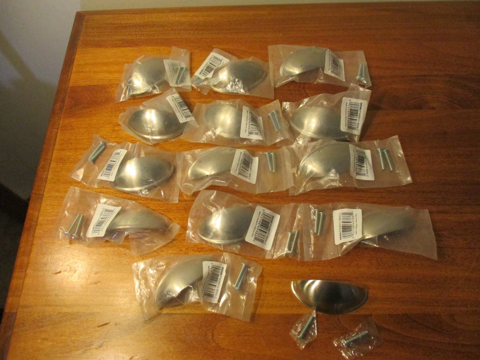 Lot of (14) Cup/Bin Nickel Drawer Pulls. New, w/Hardware. 2.5 in. Centers.