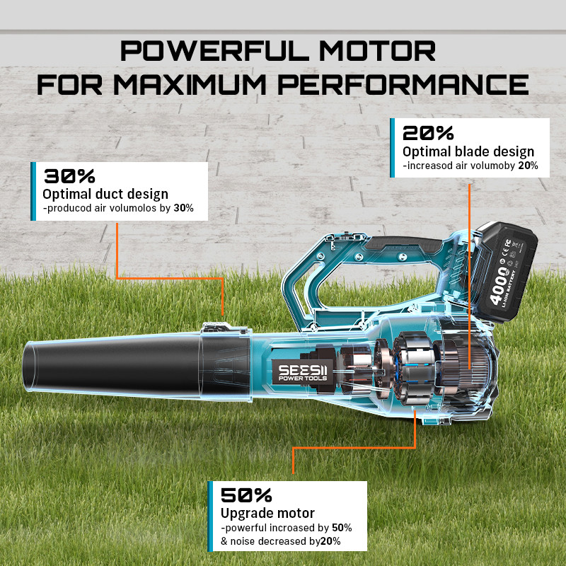 Seesii 21V Cordless Battery Powered Leaf Blower 400MPH 780CFM 2x 4000mAh Battery