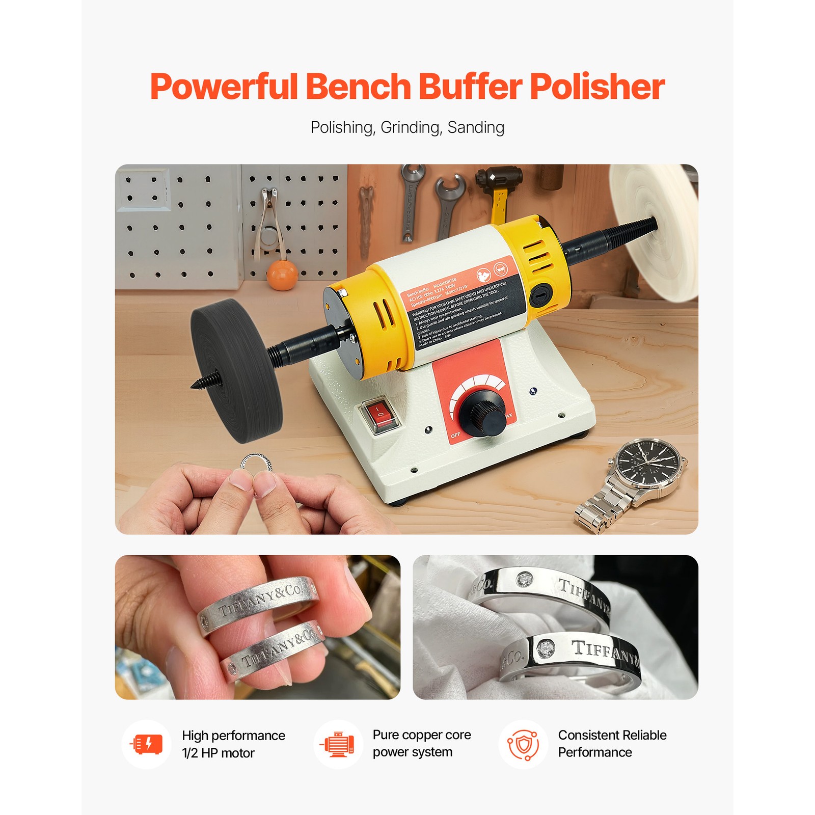 1/2HP Bench Buffer Polisher 0 to 8000RPM with 3-inch & 4-inch Wheels