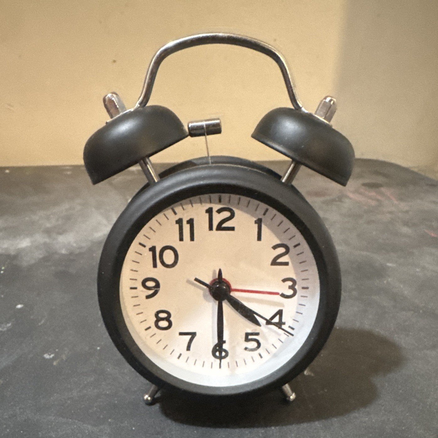 Black Twin Bell Analog Alarm Clock, Round Metal, Arabic Numerals, Bedroom