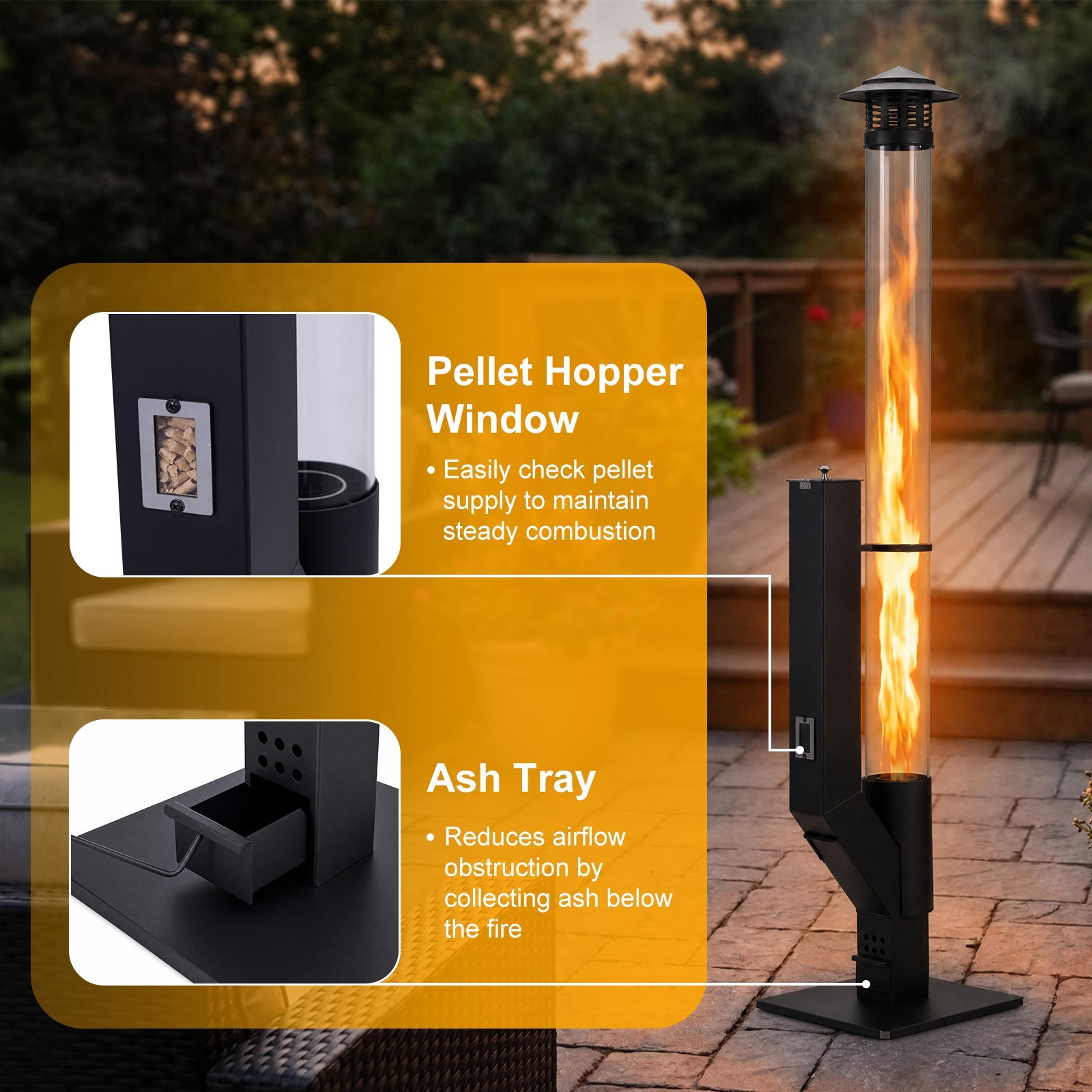 56 Inch Patio Pellet Heater Outdoor Smokeless Portable Wood Pellet Burning Flame