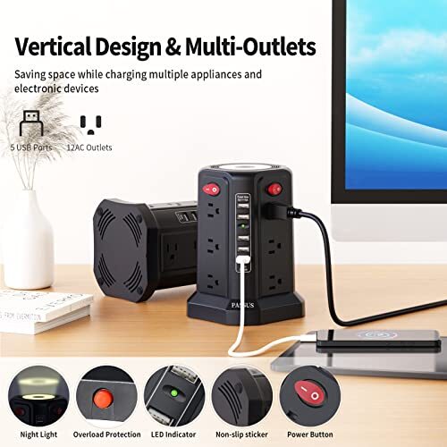 Surge Protector Power Strip Tower with 5 USB Ports and Night Assorted Styles