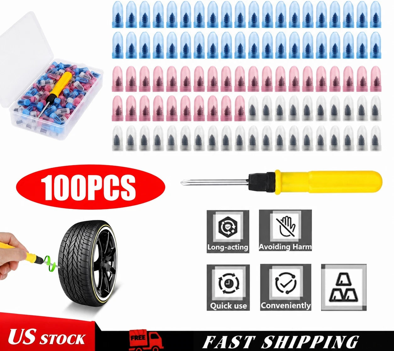100Pcs Tire Repair Rubber Nails Tyre Puncture Repair Screws Kit with Screwdriver