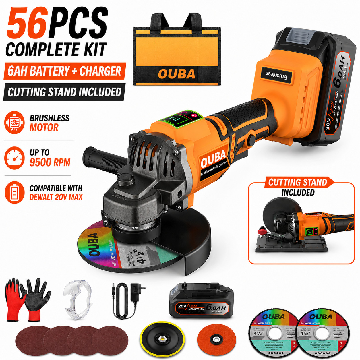 Cordless Angle Grinder for DEWALT 20V 4-1/2″-5″ Brushless 56PCS Battery & Stand