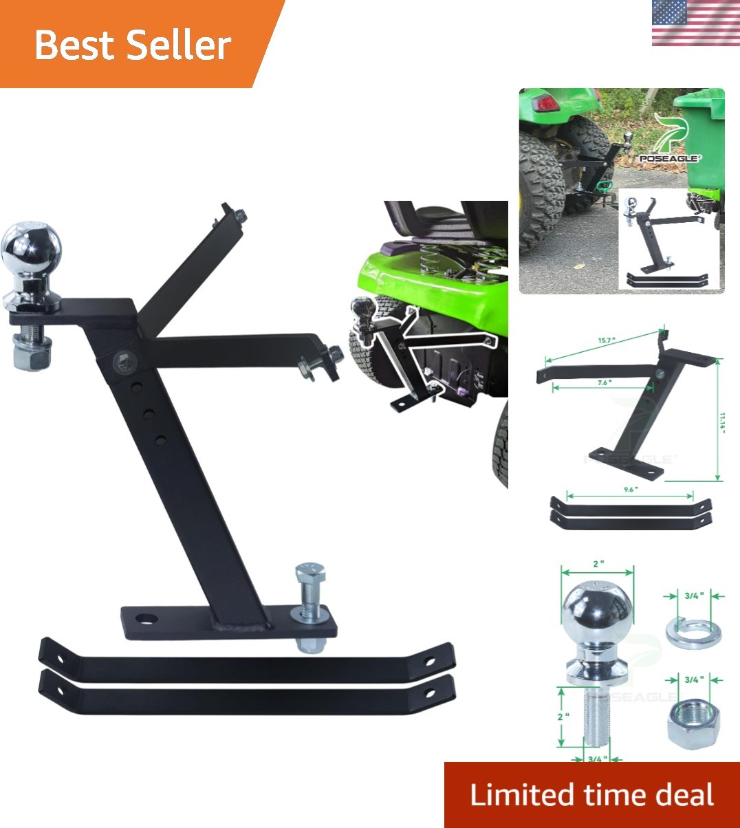 Universal Lawn Mower Trailer Hitch, 3,500 lbs Capacity, Fits All Major Brands