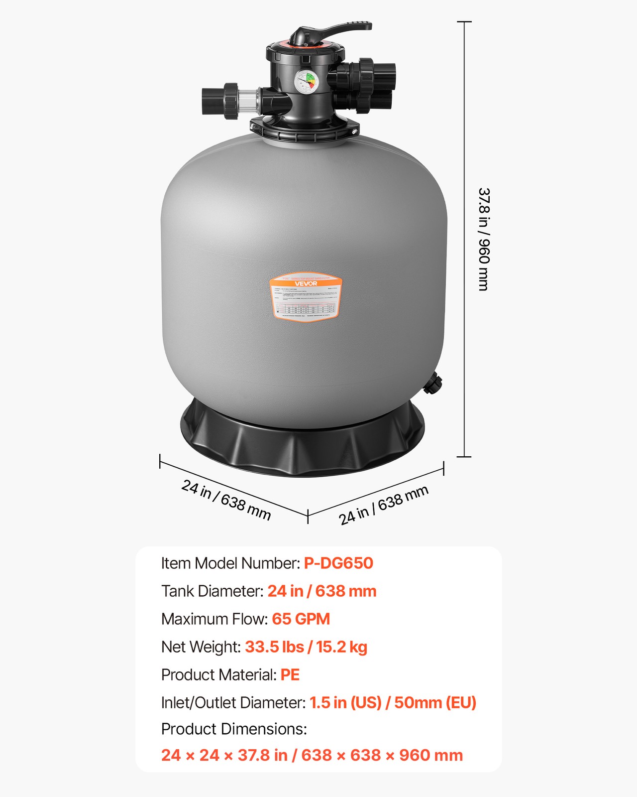 VEVOR Sand Filter 24 in Above Inground Swimming Pool Sand Filter 7-Way Valve