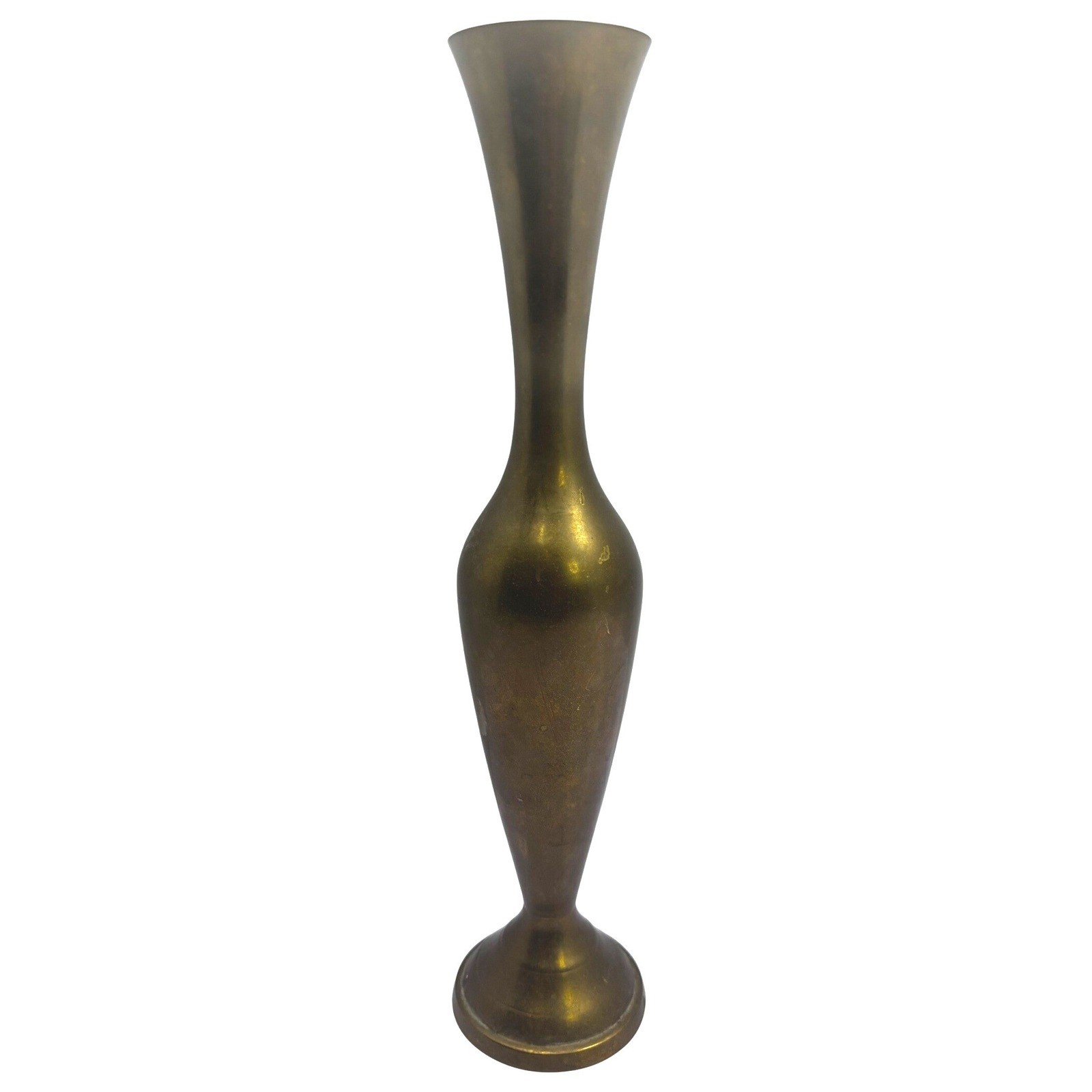 Vintage Solid Brass Bud Vase Tall Slender Flared Rim Pedestal Base Aged Patina