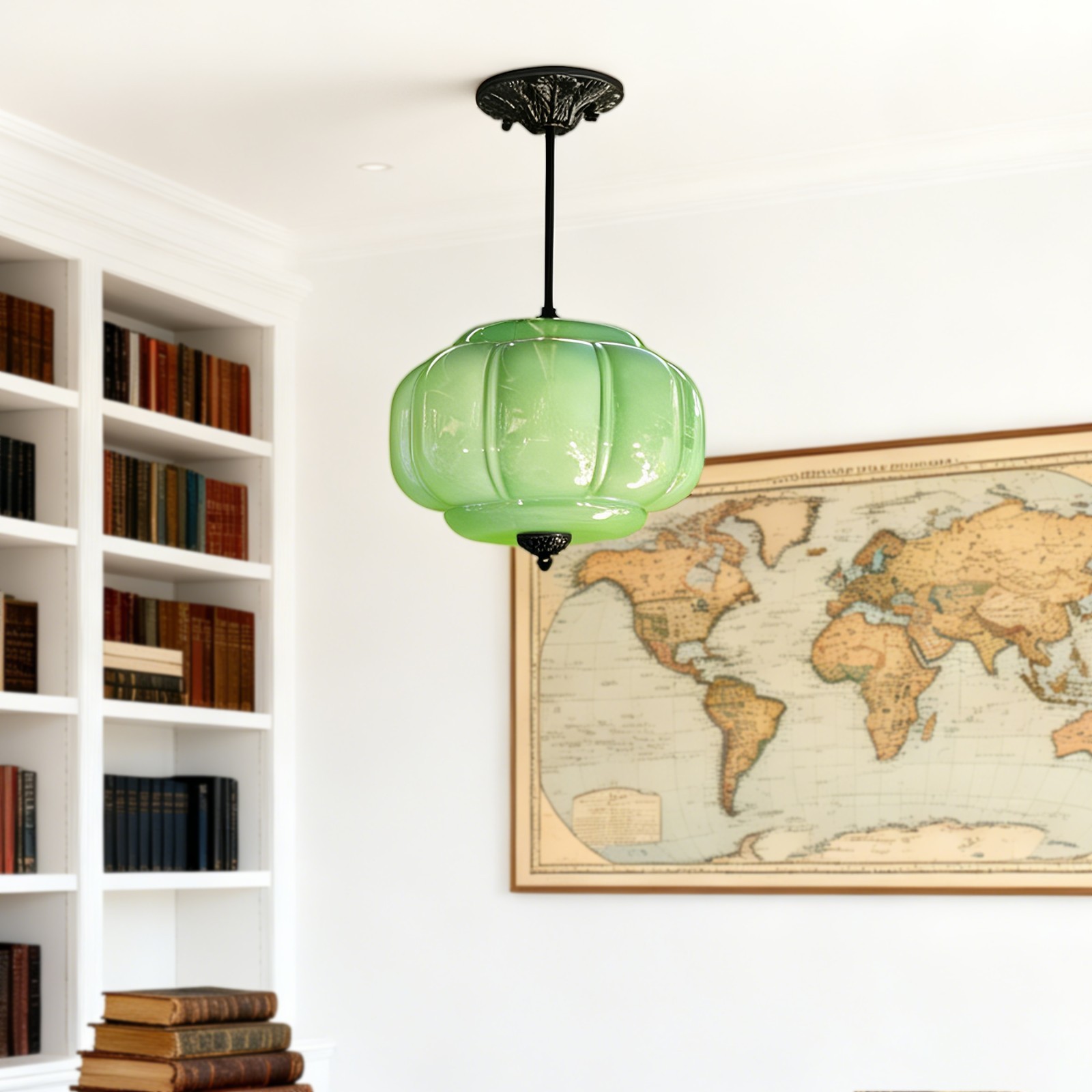 14’Simple Green Pumpkin Shaped Pendant Light,Living Room/dining Room Glass Light
