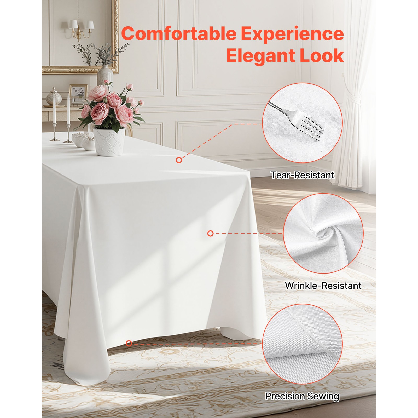 Uimoso 90×132 Inch White Rectangular Tablecloth for Weddings, Parties, 6 Pack
