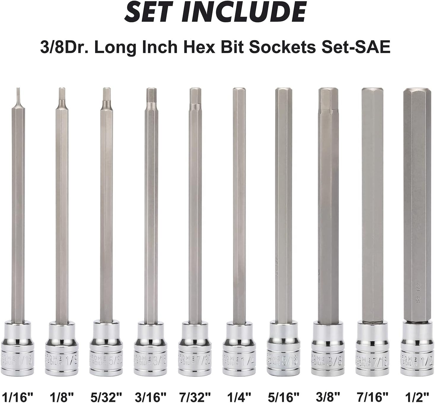 10 Pieces 3/8 Inch Drive Long Hex Bit Socket Set, 1/16 Inch to 1/2 Inch, SAE,…