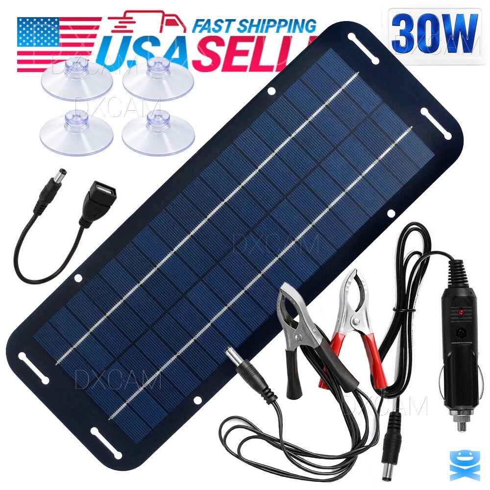 30W Solar Panel 12V Trickle Charger Battery Charger Kit Maintainer Boat Car RV
