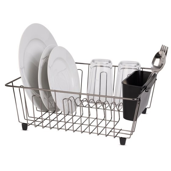 Mainstays Compact Dish Drainer Rack Chrome Black Kitchen Drying Tray