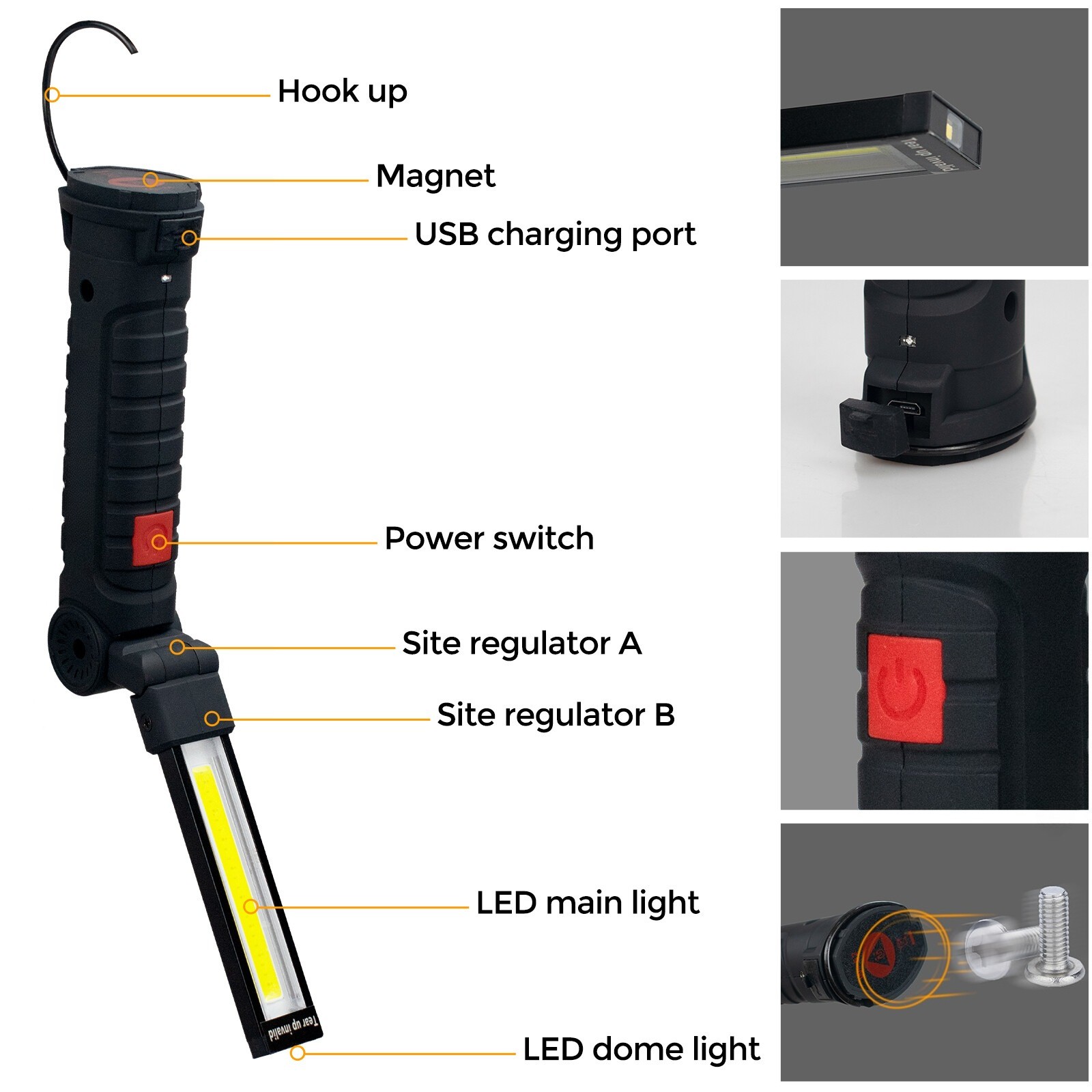 2 Pack Magnetic Base LED COB Work Light Rechargeable Mechanic Torch Flashlight