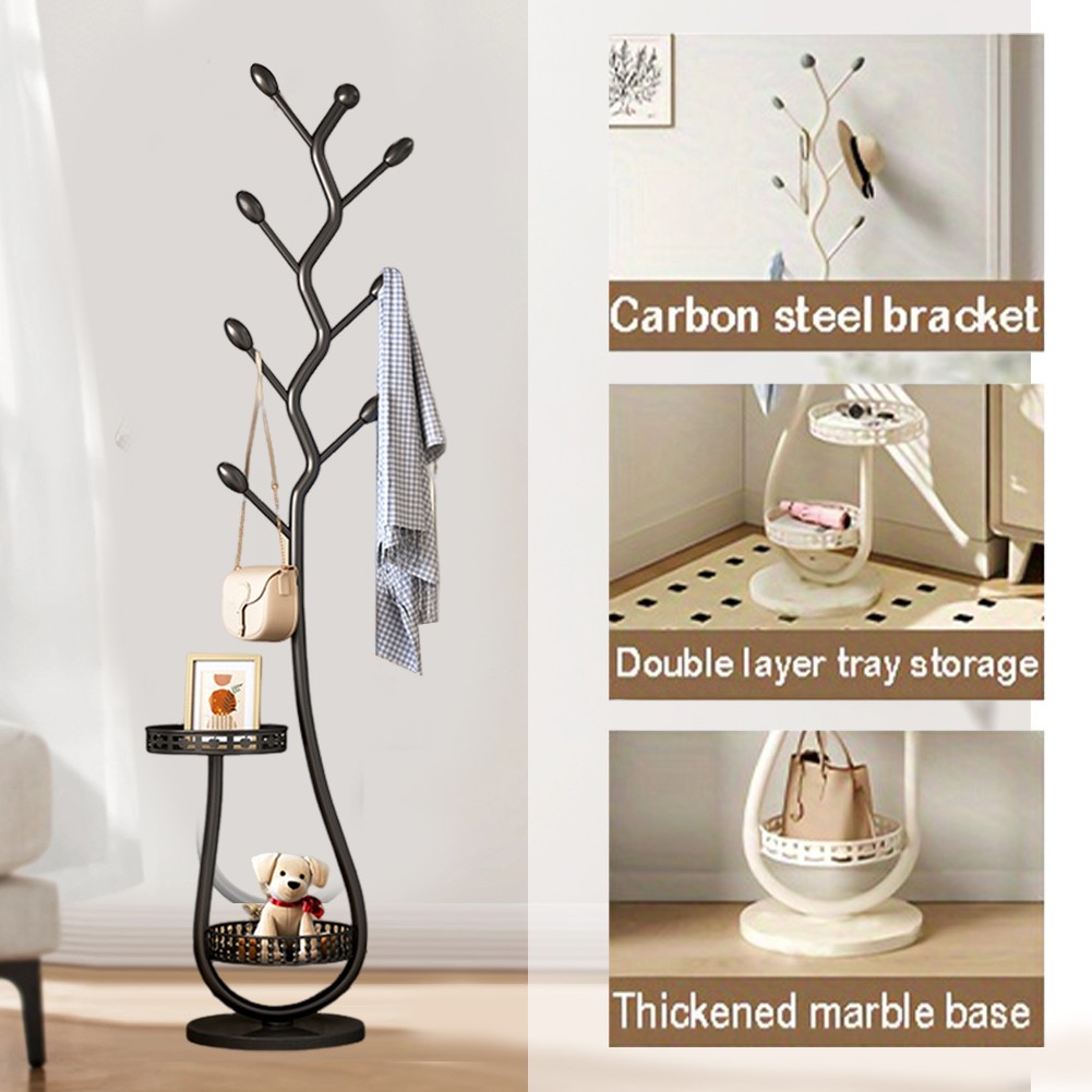 Metal Coat Rack with 8 Hooks – Carbon Steel Coat Tree Stand with Storage Shelf