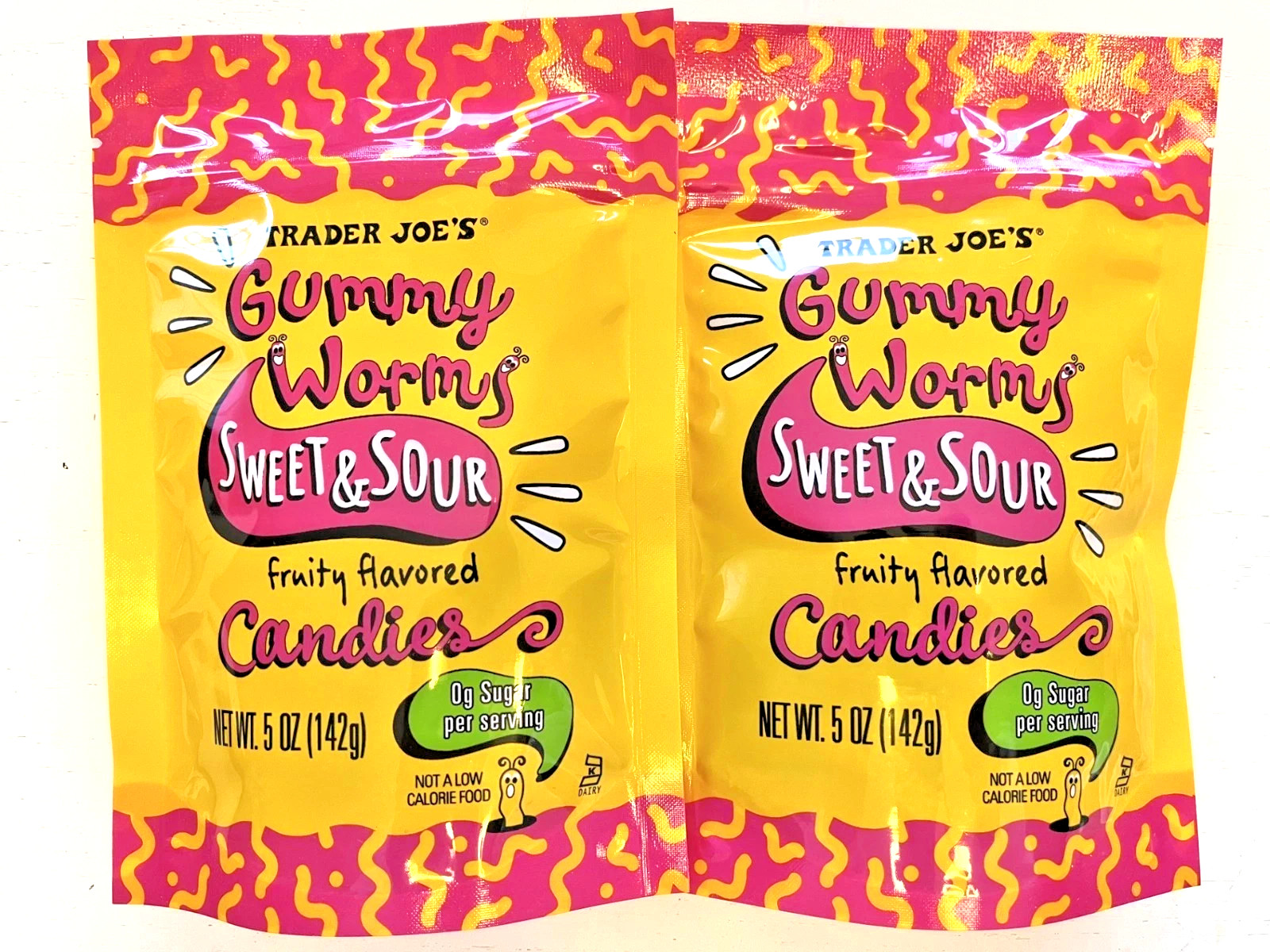 4 Pack Trader Joe’s Sweet & Sour Gummy Worms Candies 5 oz ea Gummies Zero Sugar