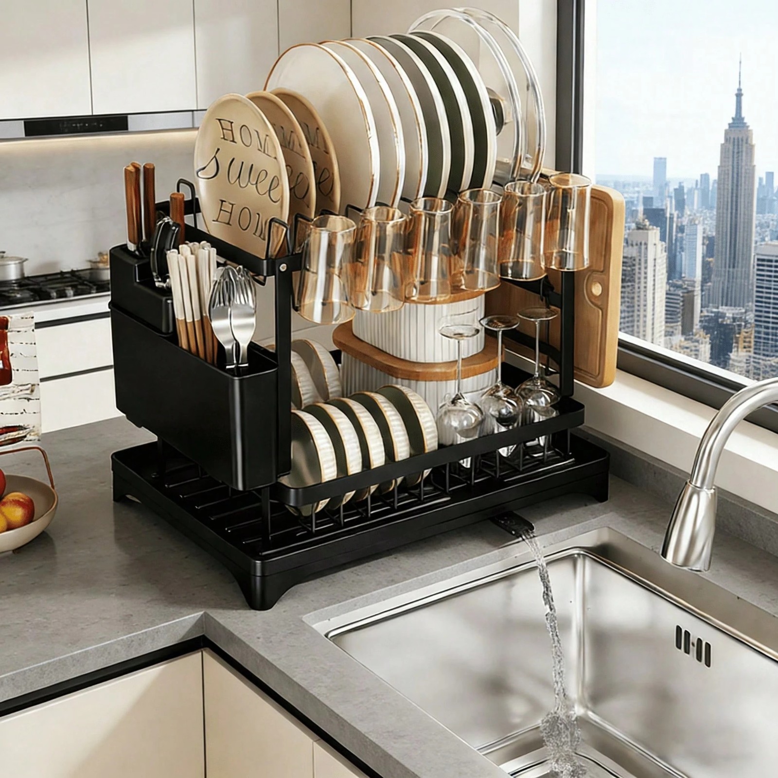 Elegant 2 Tier Black Stainless Dish Rack Stylish Space Saving Kitchen Organizer