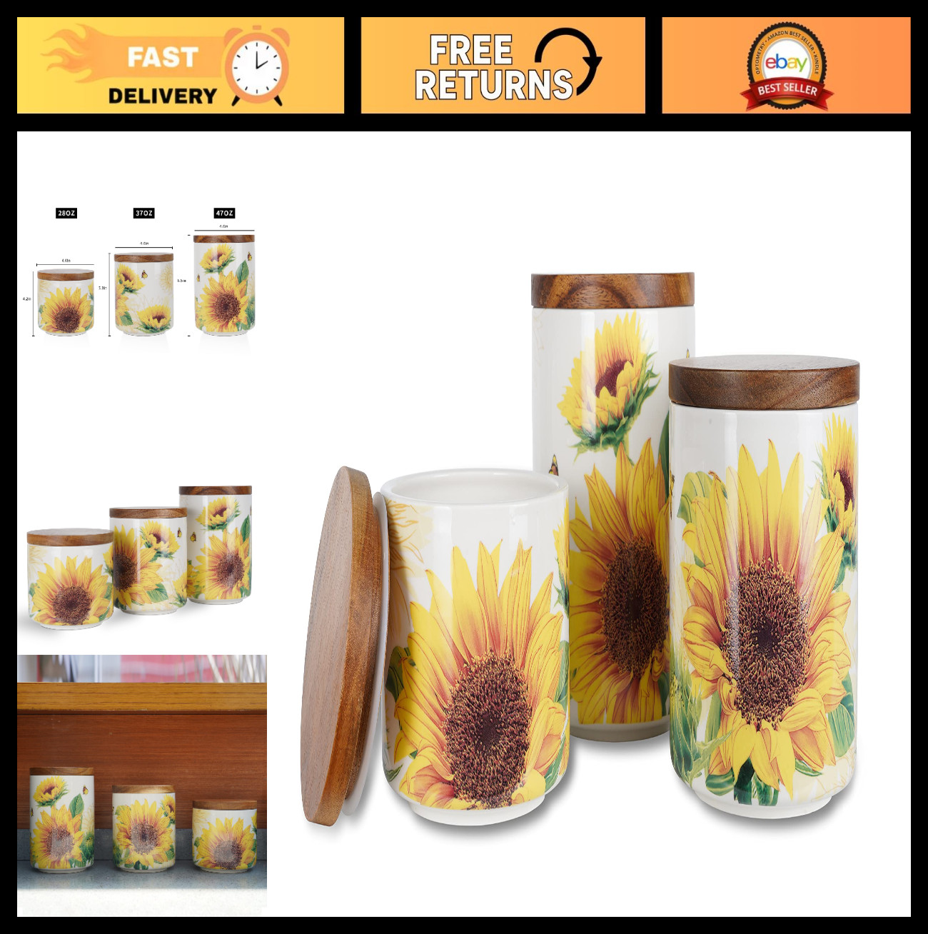 Ceramic Canister Set for Kitchen – Sunflower Design, Tea Coffee Sugar Storage, 3