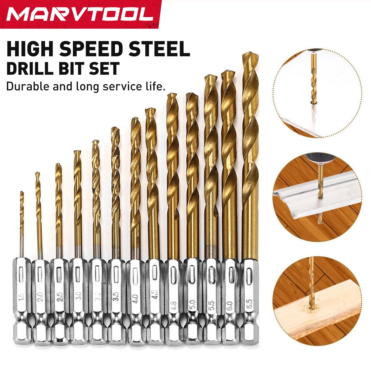 Marvtool Drill Bit 13Pcs HSS Titanium Coated Twist Drill Set Hex Shank 1/4″