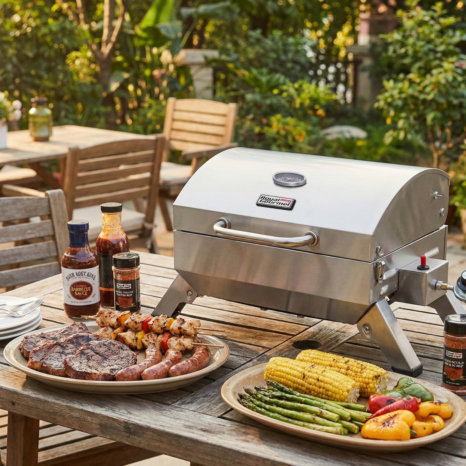 Royal Gourmet BBQ Tabletop Gas Grill w/ Folding Legs &Lockable Lid Outdoor Cook