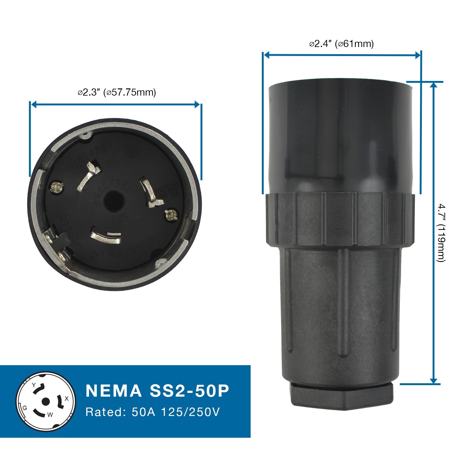 Conntek 50 Amp 125/250V Twist Lock Male Plug 4-Prong Locking Plug Assembly