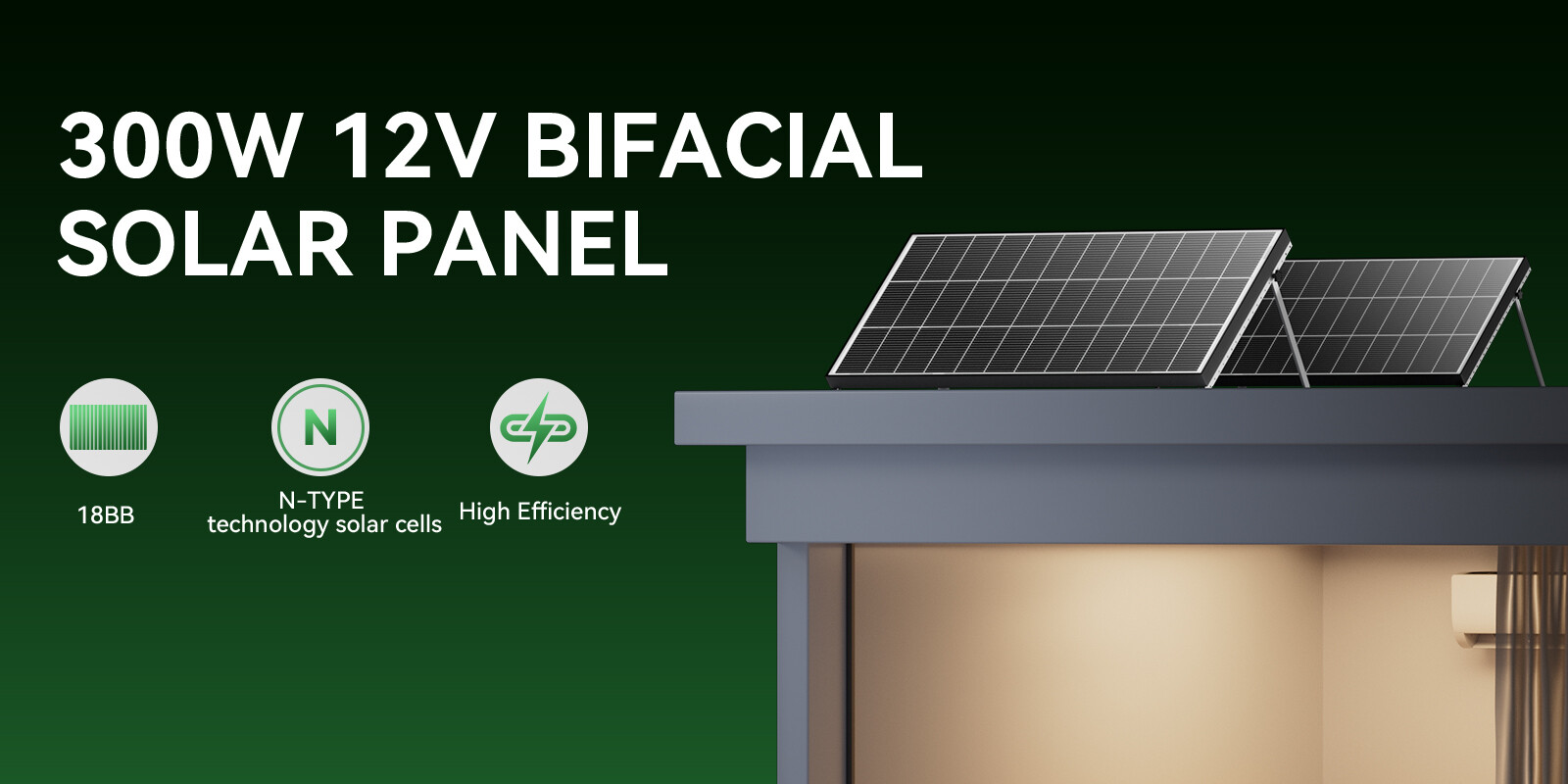 300W Bifacial N-Type Solar Panel Mono 12/24V Charging Home PV Off-Grid RV Boat