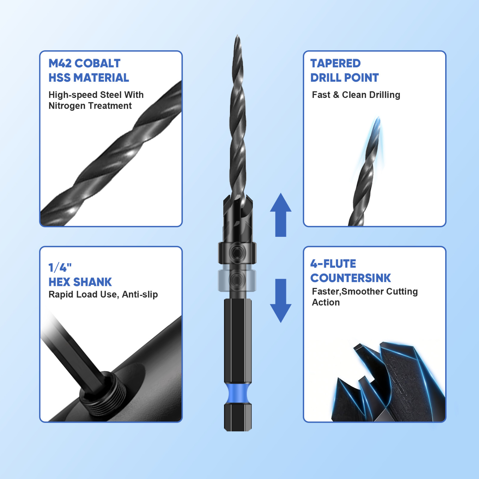 12 x 1/4″ Hex Shank Countersink Drill Bits Set–M42 Cobalt,Dual-Edge Tapered Bits