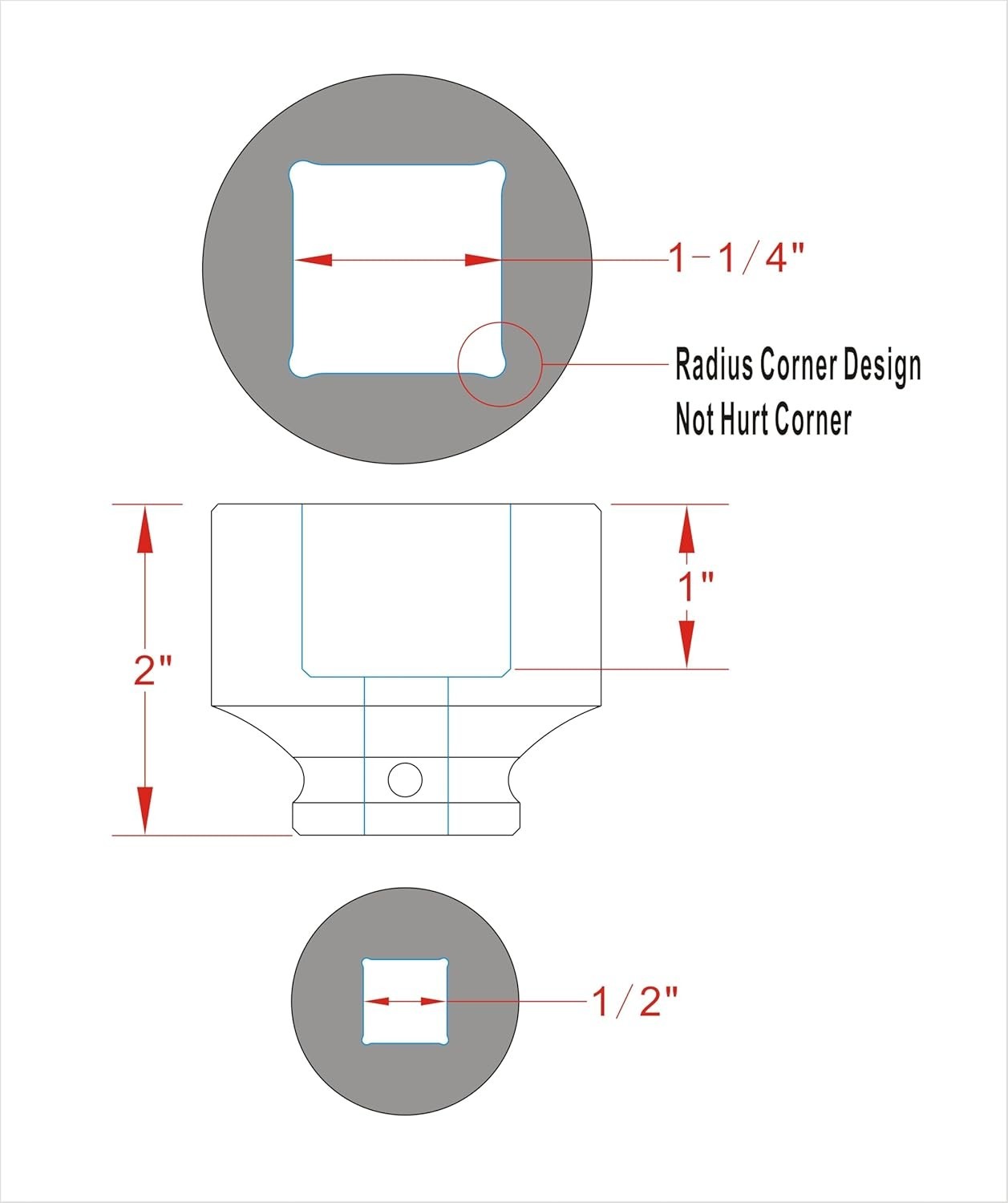 1/2″ Drive 1-1/4″ 4-Point Square Impact Socket, Heat Treated Cr-Mo Alloy Steel