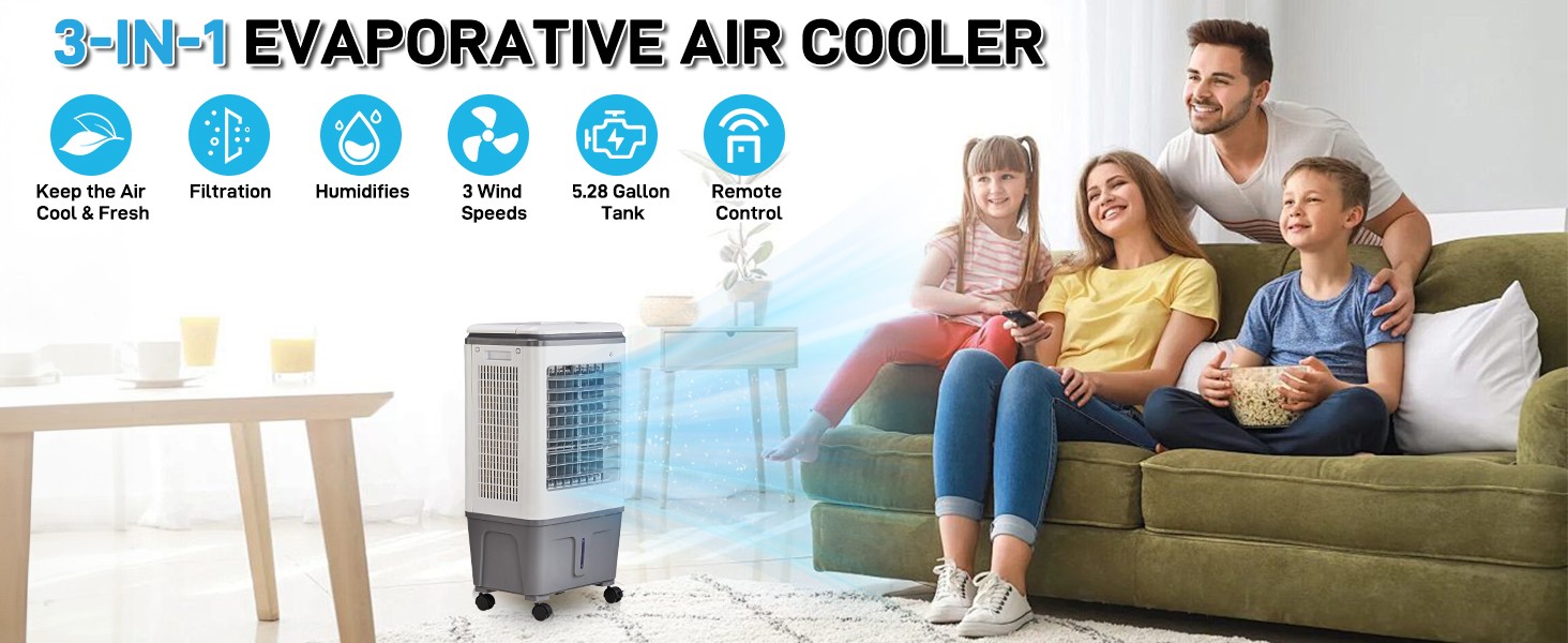 Portable Evaporative Cooler Swamp Cooler 3-in-1 5.28 Gal 7.5H Timer Humidifier