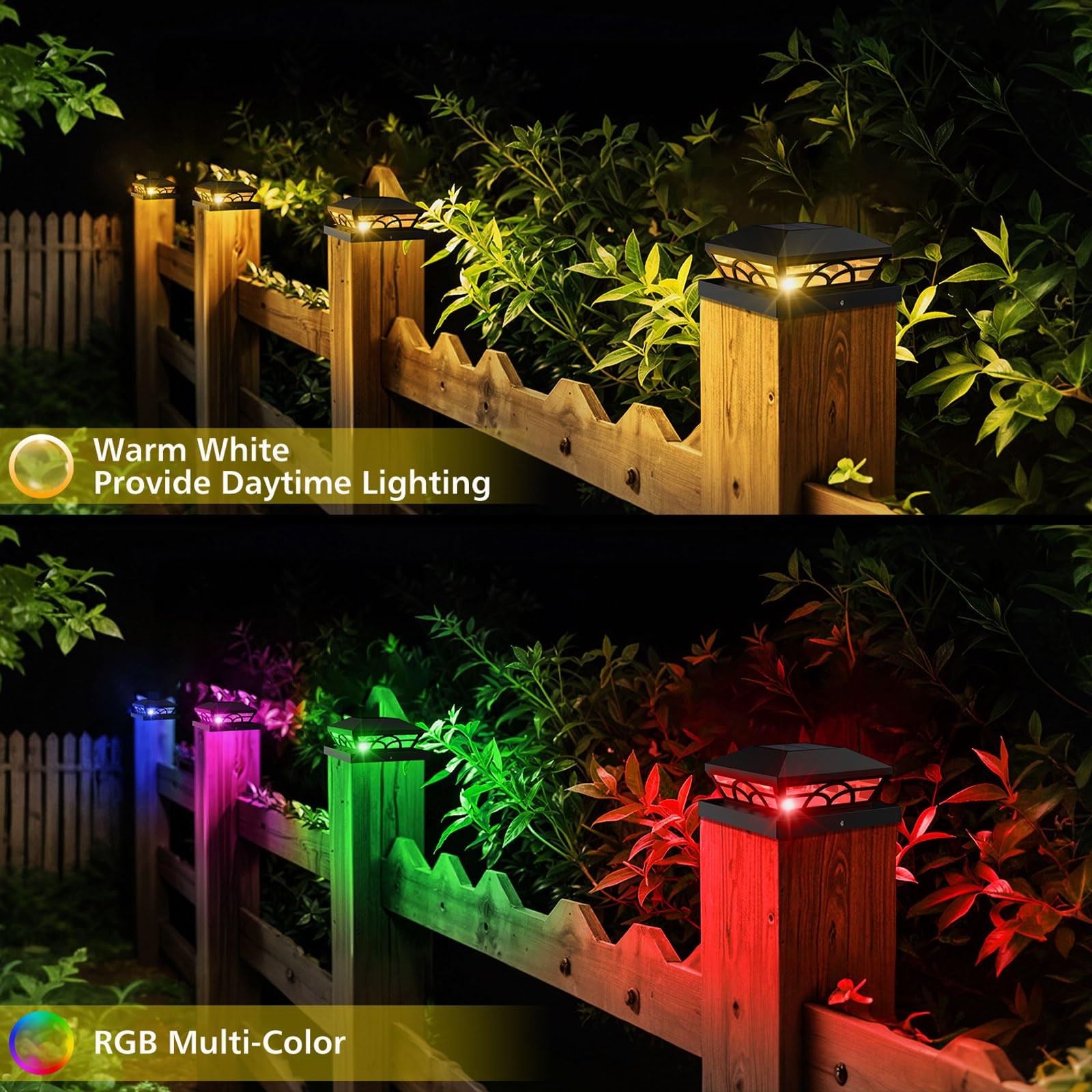 T-SUN Solar Post Cap Lights 6 Pack – Outdoor Waterproof RGB Color Changing Li…