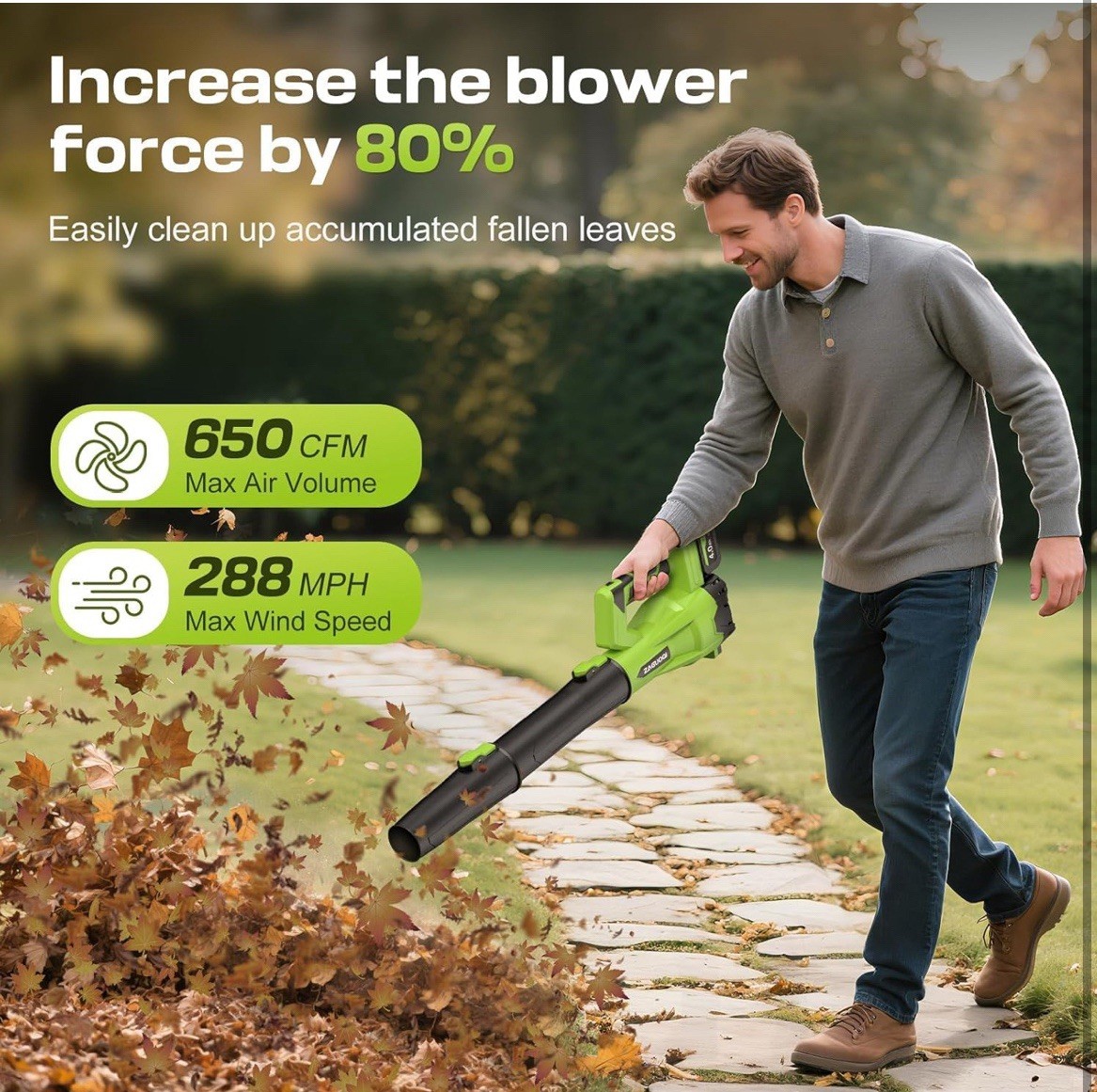 Cordless Leaf Blower 650CFM 288MPH 5A Batteries 6-Speed Handheld