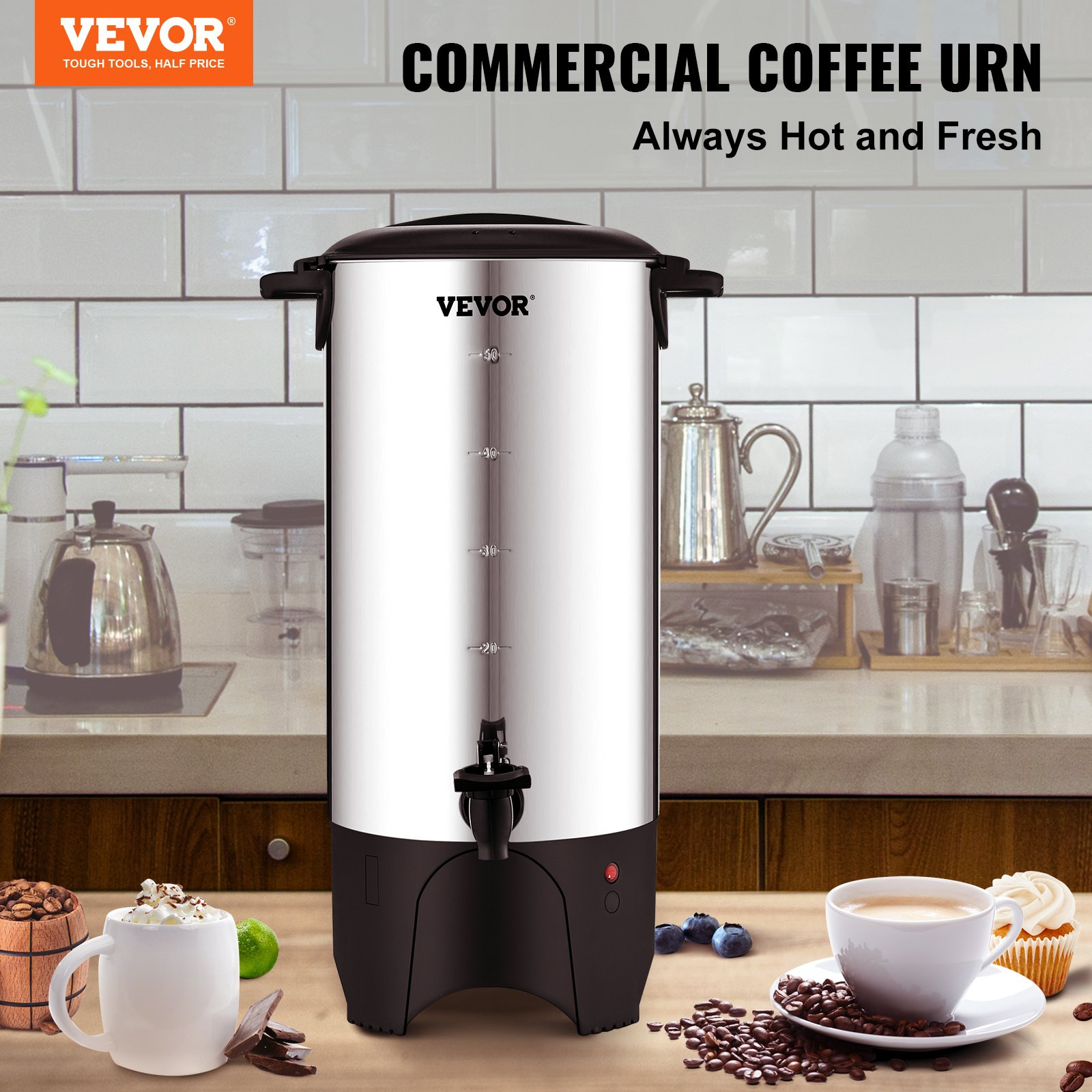 VEVOR Commercial Coffee Urn, 50 Cups Stainless Steel Large Coffee Dispenser, 100