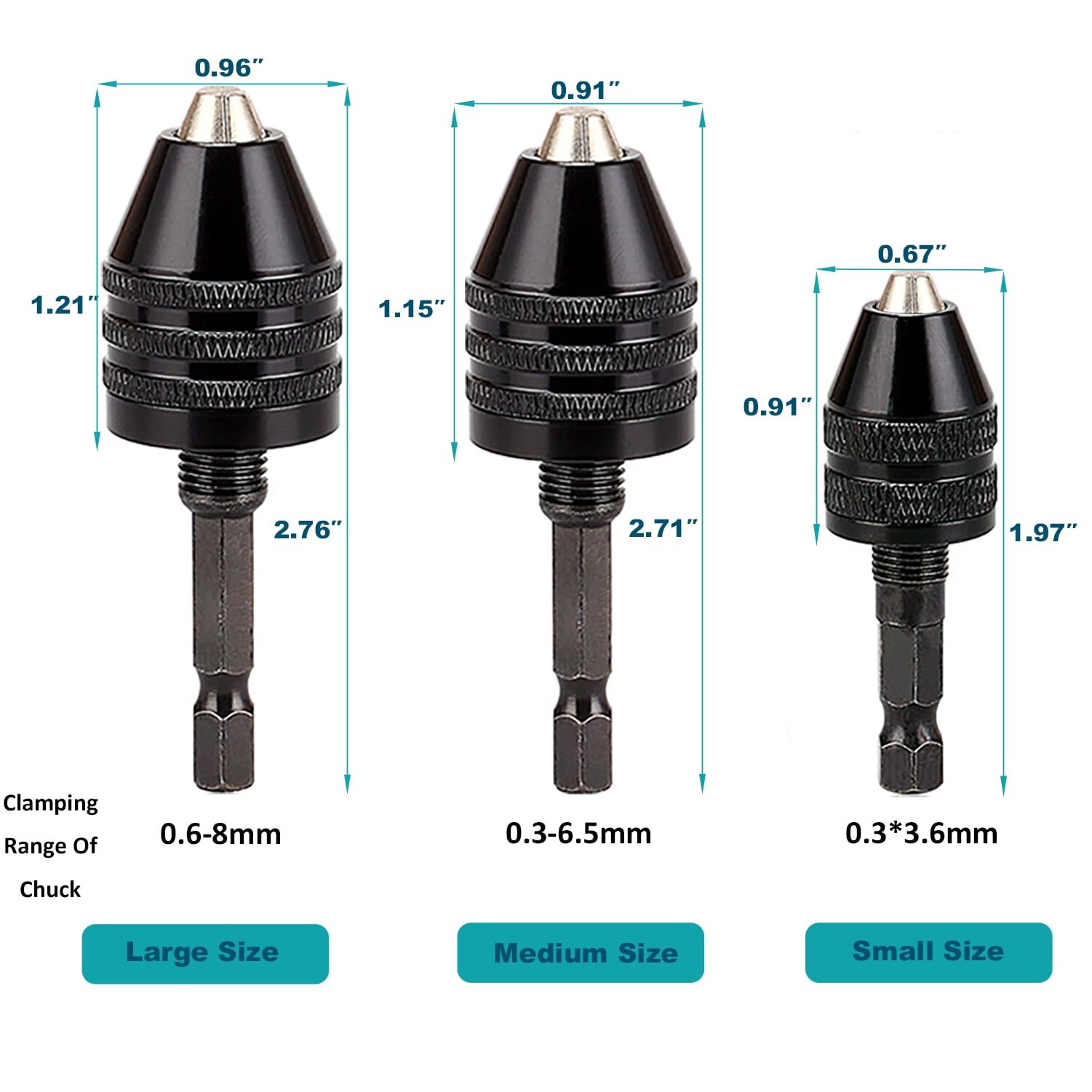 Resze Keyless Drill Chuck Adapter – 3Pcs Chucks for Impact Black