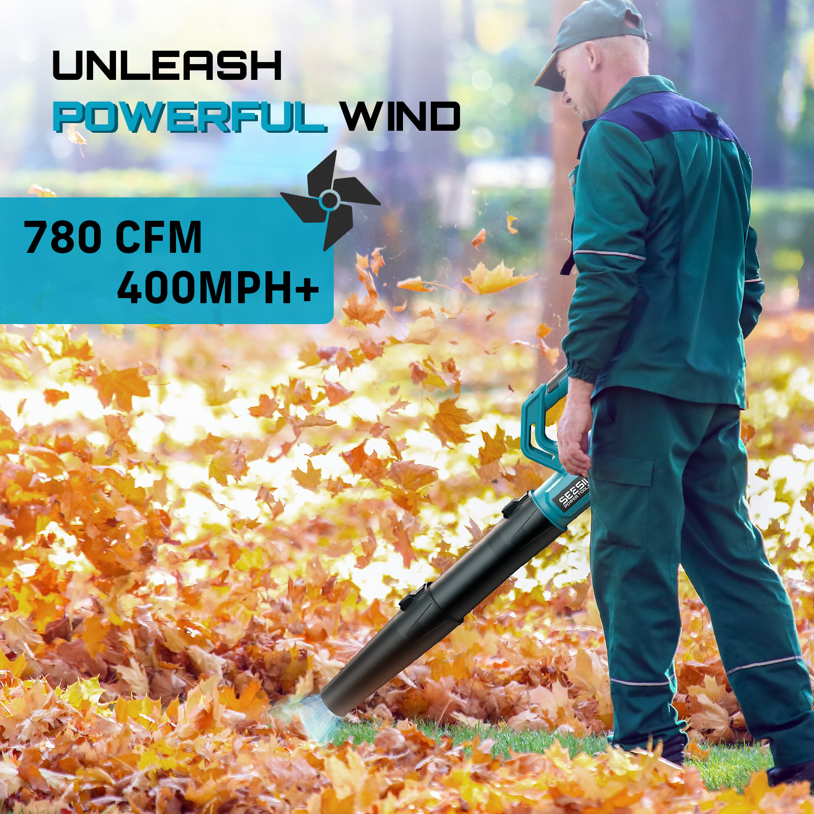 Seesii 21V Cordless Battery Powered Leaf Blower 400MPH 780CFM 2x 4000mAh Battery