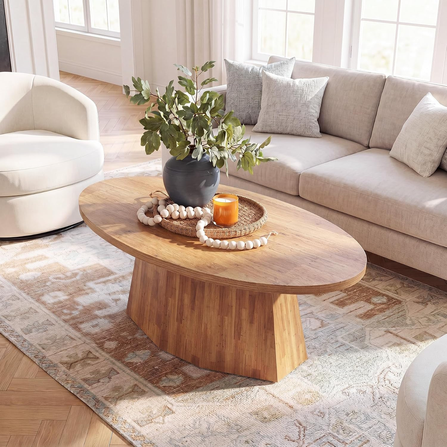 Modern 47-Inch Oval Coffee Table with Polygonal Base, Child-Friendly Design