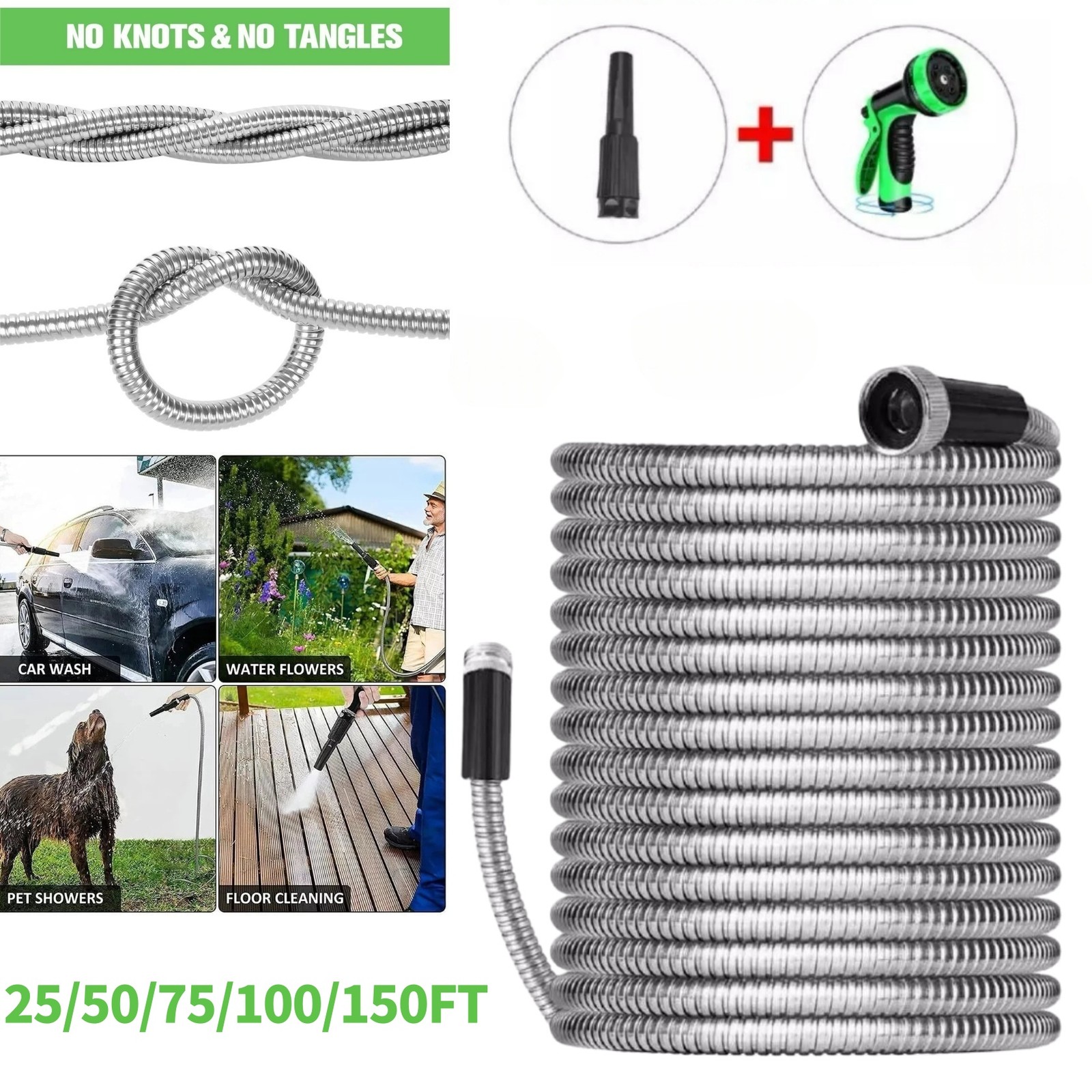 25/50/75/100/150FT Stainless Steel Metal Garden Water Hose Pipe Lightweight