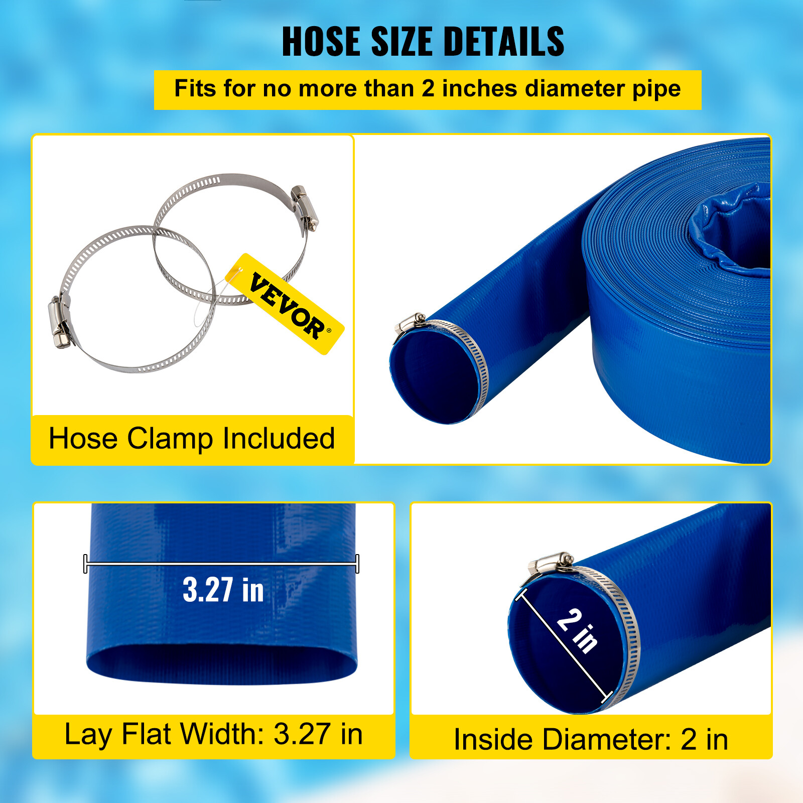 VEVOR Discharge Hose 2″x 105′ PVC Lay Flat Hose Backwash Drain Hose w/ Clamp