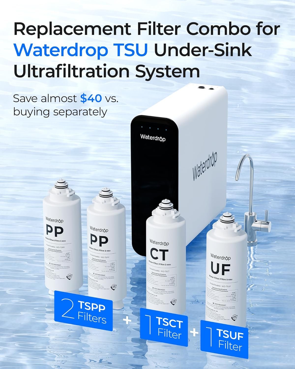 Waterdrop TSU 1-Year Under Sink Water Filter Replacement, 4-Pack (2PP+1UF+1CT)