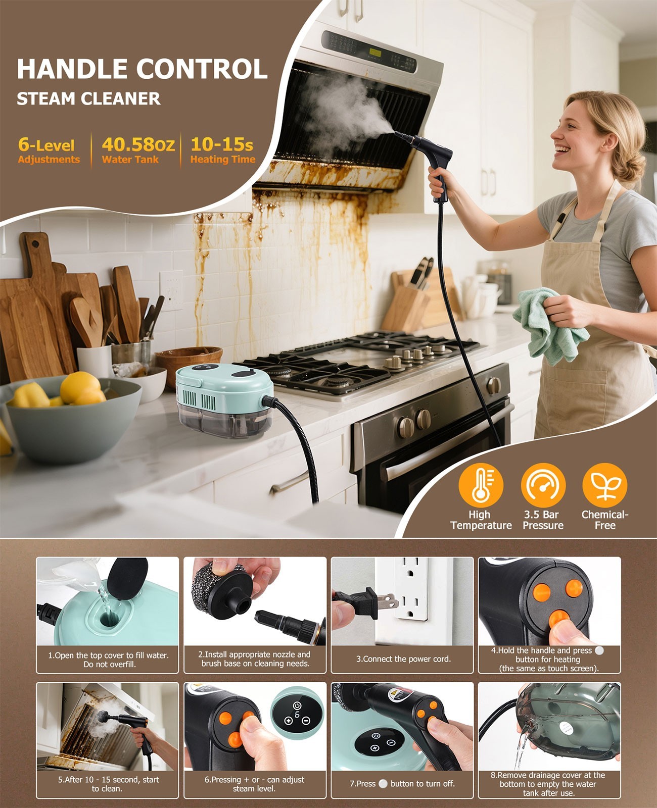 1500W Handheld Car Detailing Cleaning Machine High Temp Steam Cleaner Household