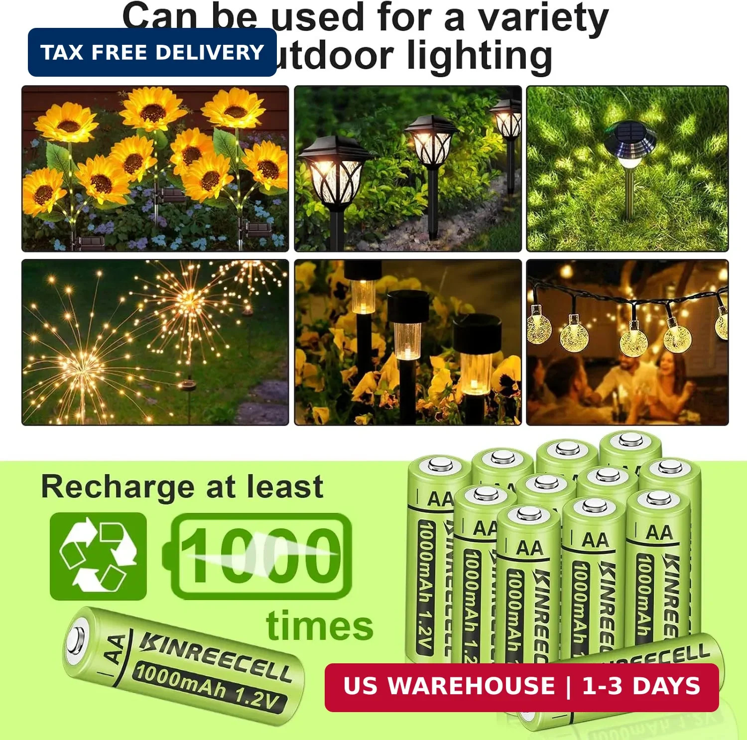 Rechargeable AA Batteries, Ni-MH Double A Solar Batteries High Capacity 1.2V Pre