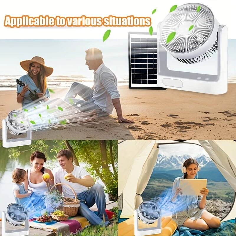 8 INCH Rechargeable Fan 30 dB With solar panel, Variable Speed and 2 Free bulbs