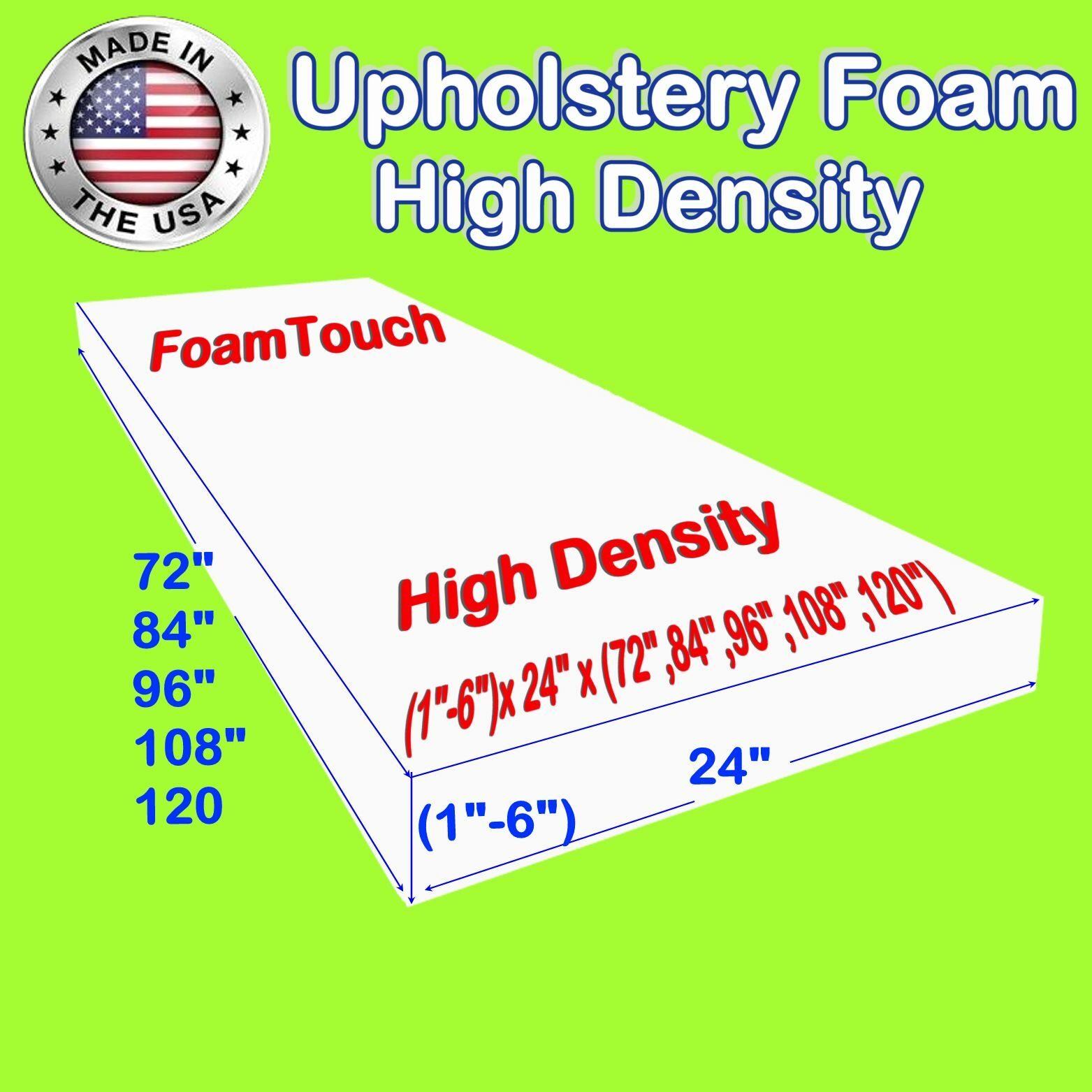 High Density Upholstery Foam Seat Cushion – 24″ x 72″, 84″, 96″, 108″, 120″
