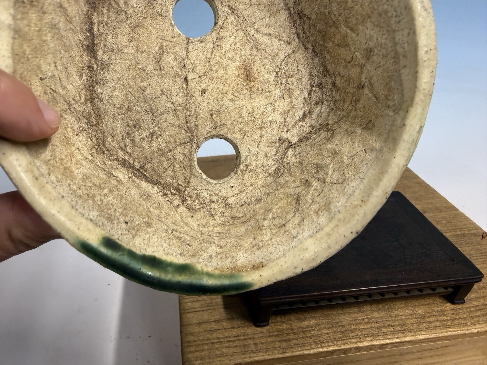 Japanese Unknown Maker Shohin Bonsai Tree Pot 6 1/4 By 1 7/8” Cream And Green