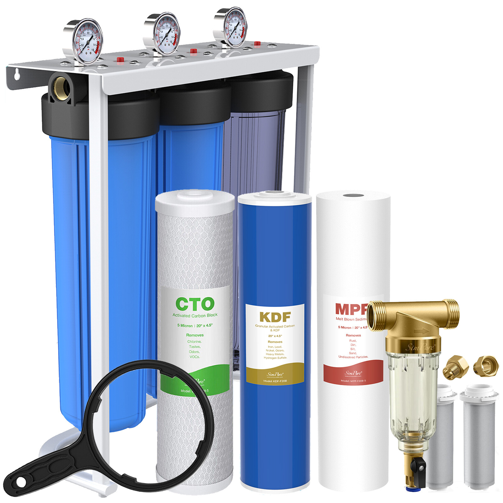 3-Stage KDF Whole House Water Filter System 20″ with Spin Down Sediment Filter