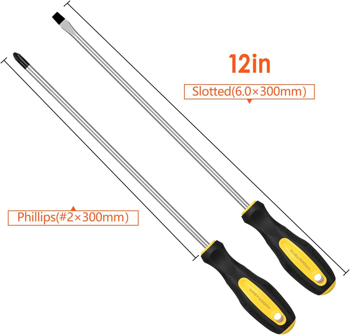 2pcs Long Magnetic Screwdriver Set, 12in Extra Long Phillips and Slotted Screwd