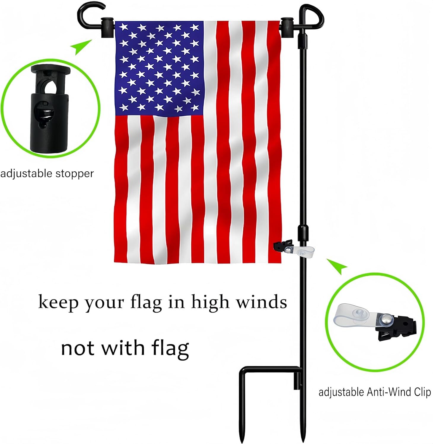 2 Pack Garden Flag Stand Holder Pole with Garden Flag Stopper and Anti-Wind Clip