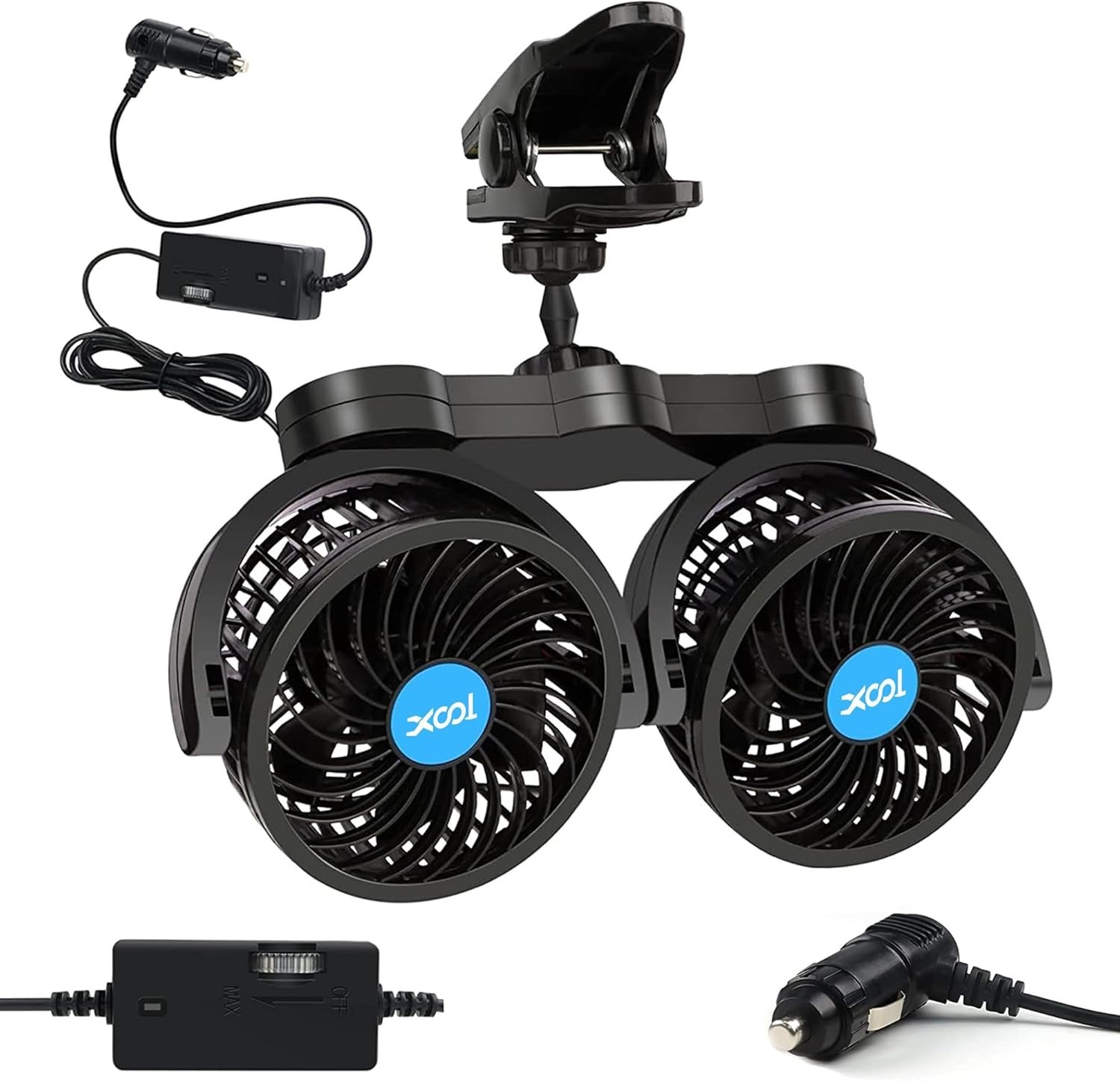 Clip Car Fan, 4 Inch Dual Head with Stepless Speed, 12V Adjustable Rotatable
