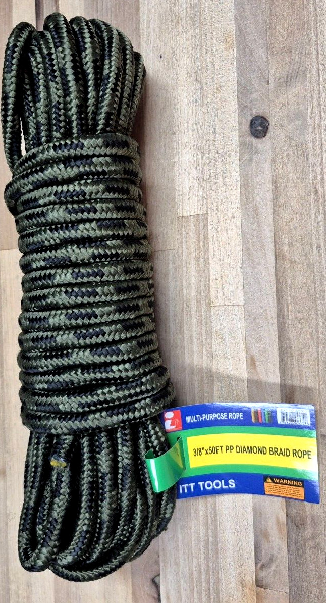 3/8″ X 50′ PP DIAMOND BRAIDED ROPE, CAMPING MULTI- PURPOSE GREEN CAMOUFLAGE