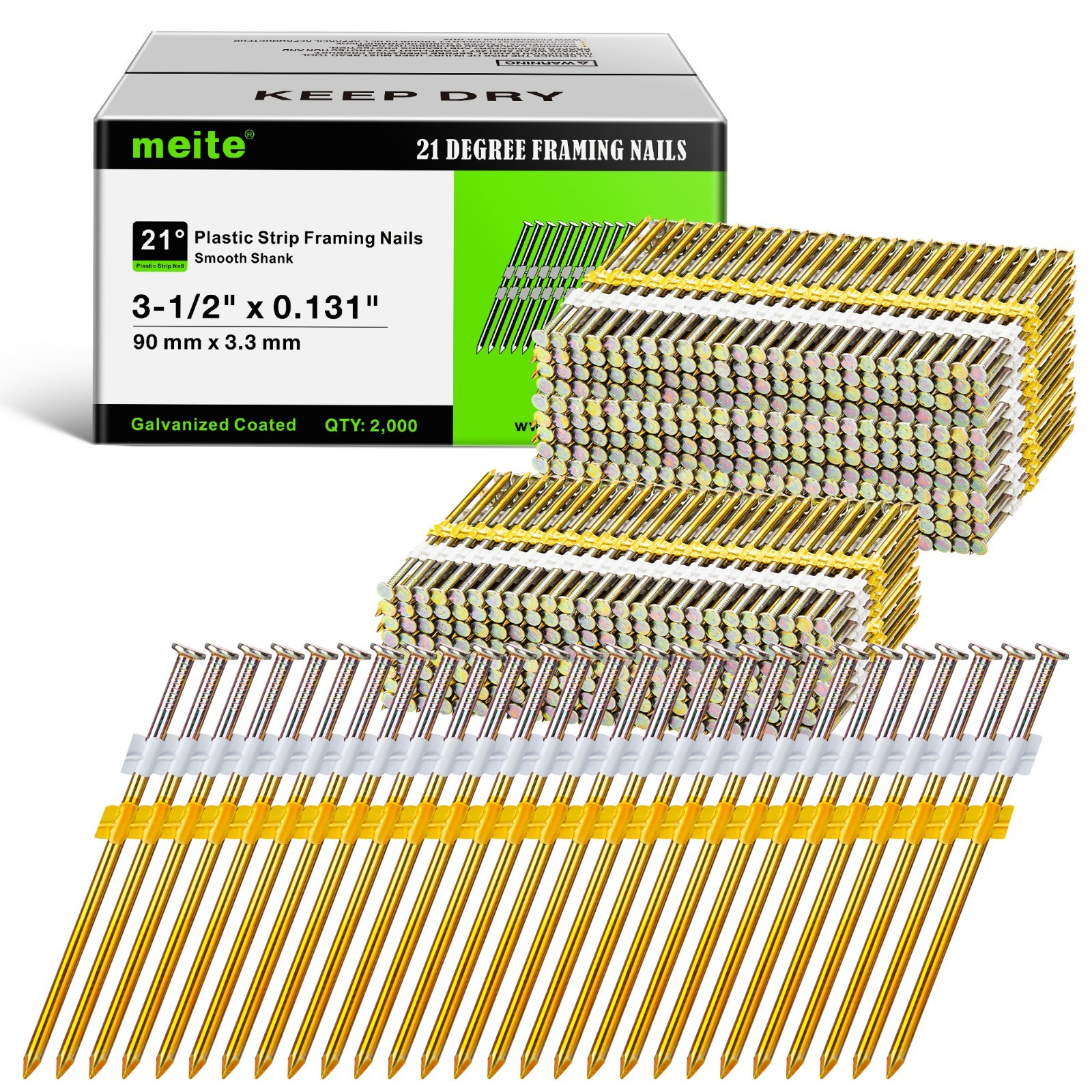 2,000 pcs 21 Degree Framing Nails 2-3/8″ to 3-1/2″Length Galvanized Smooth Shank